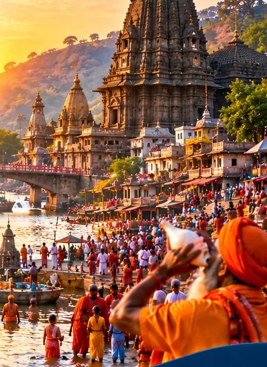Illustration of a temple and ghat on the Godavari at sunrise