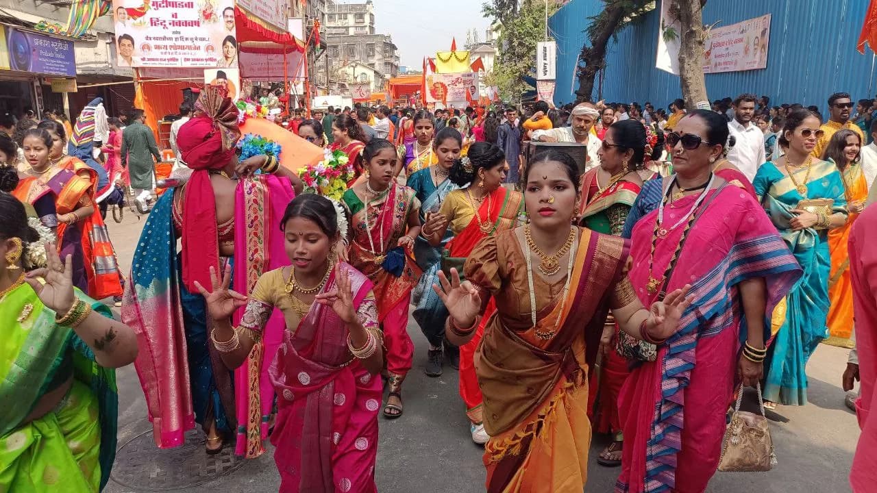 Women in nauvari sarees at a Gudi Padwa new-year procession