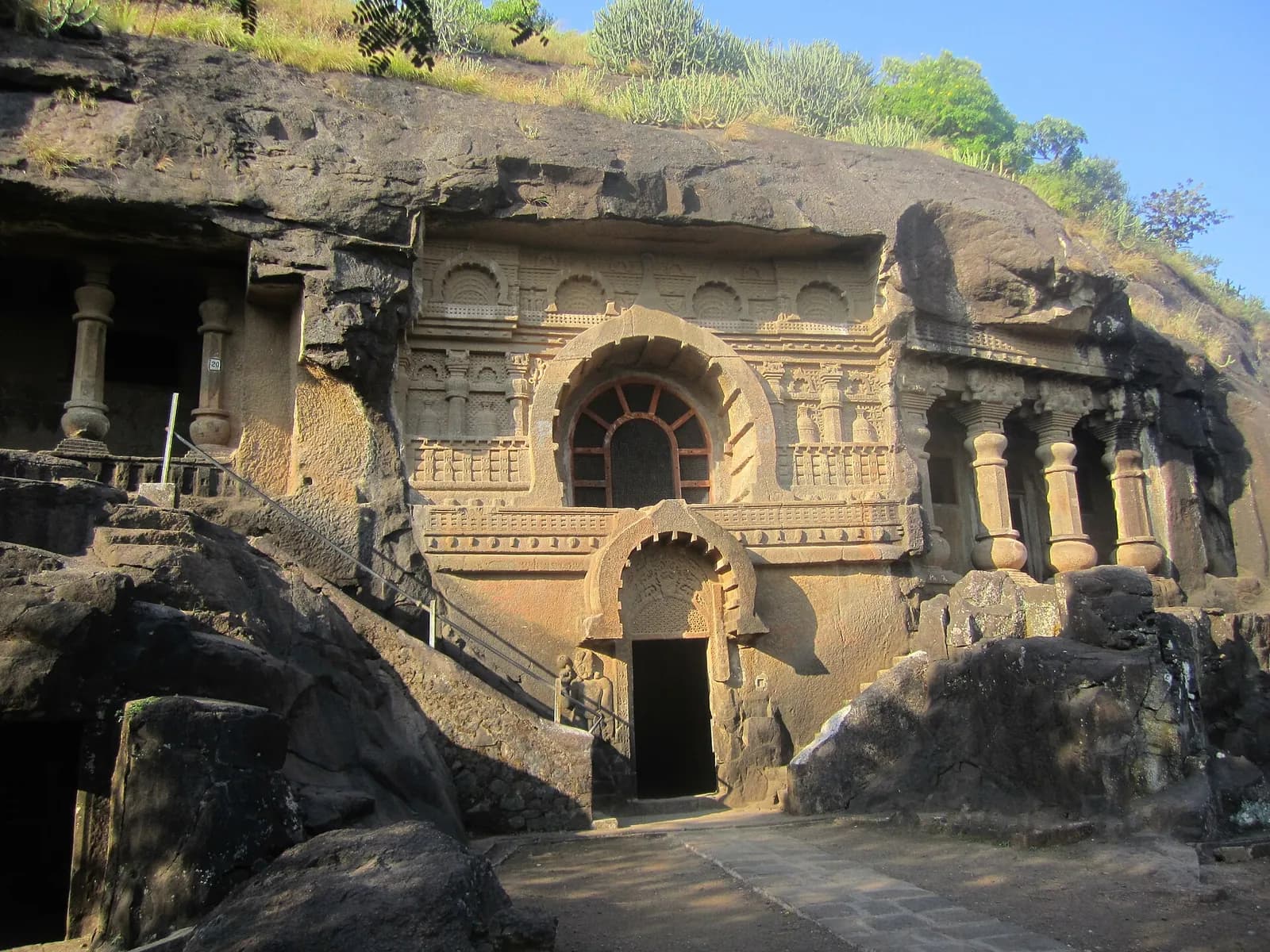 Carved chaitya façade of the Pandav Leni caves, Nashik
